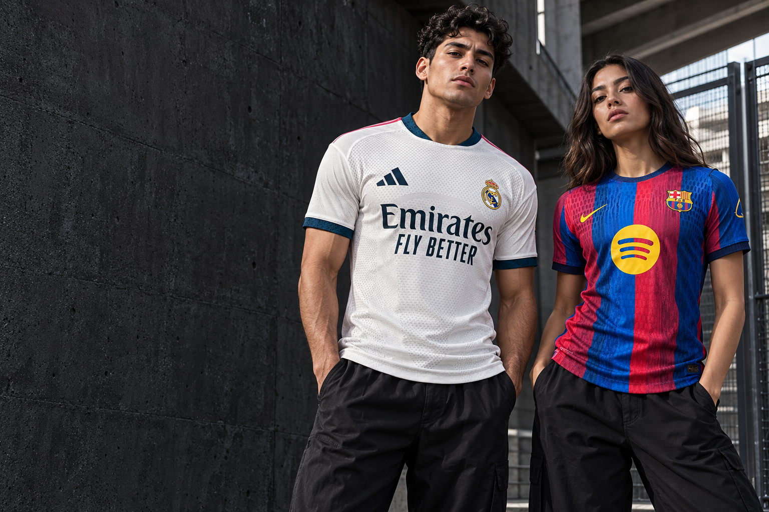 Imagen de campaña con dos modelos vistiendo camisetas de Real Madrid y Barcelona